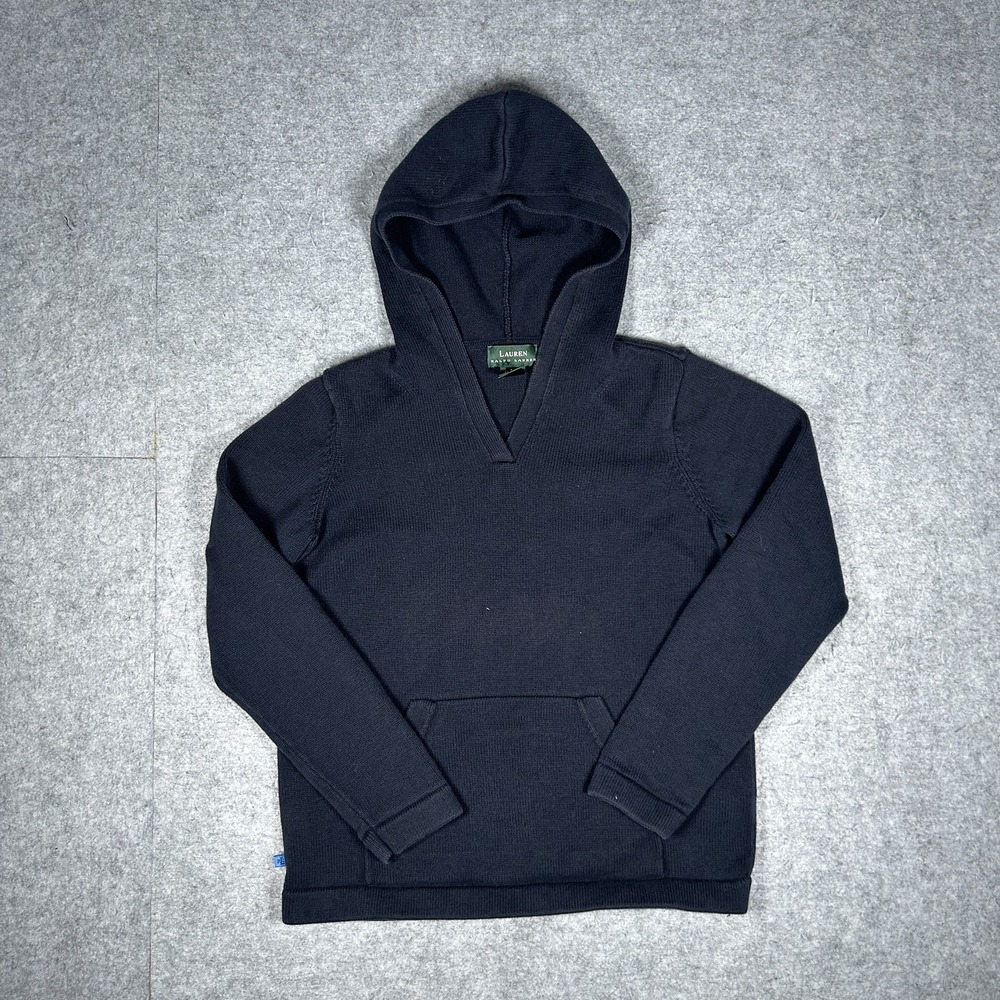 Vintage Lauren Ralph Lauren Hoodie Womens Small Navy Y2K Knit Pullover V-Neck